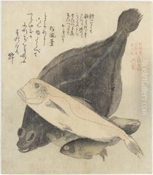 Flounder And Four Fish, From The Series Shofudai Hisakatayabumbunsha Tosa Nikki (the Tosa Diary For Shofudai, Hisakataya Andbumbunsha) Oil Painting by Kubo Shunman