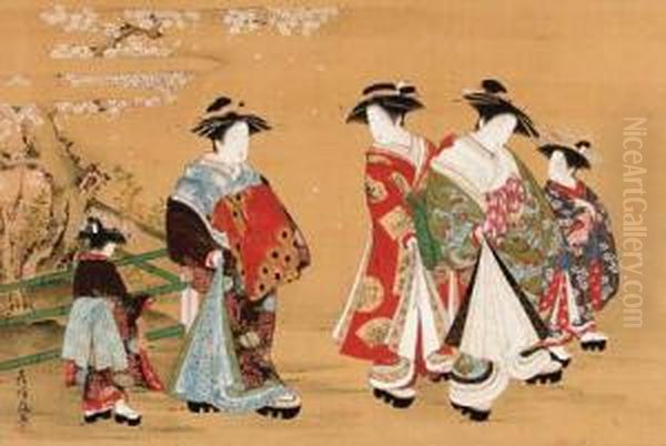 Courtesans On Parade Beneath A Blossoming Cherry Oil Painting by Kubo Shunman