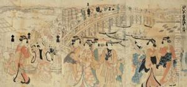 Triptyque Intitule <edo Hakkei No Uchi, Nihon Bashi>, Le Nihon Bashi (pont De Nihon) A Edo Oil Painting by Katsukawa Shunsen