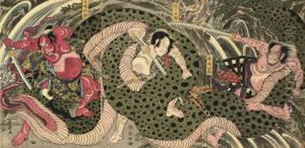 A Triptych Showing Egara No Heita, Slaying A Huge Python-like Serpent, Published By Itoya Yohei In 1805-7, Very Good Impression, Colour And Condition, Full Size; One Triptych, Two Diptychs; And Two Single Prints Of Warriors By Shuntei In Fair To Good Gene Oil Painting by Katsukawa Shuntei