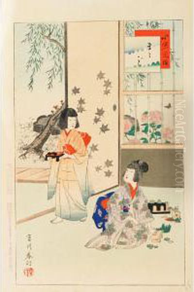 Two Woodblocks Of Young Girls Oil Painting by Miyagawa Shuntei