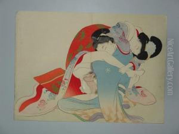 Couple Enlace Oil Painting by Miyagawa Shuntei