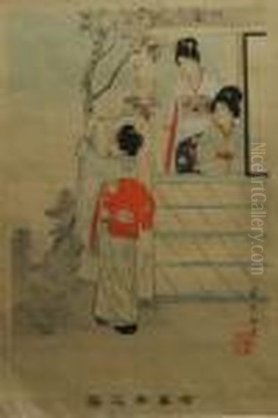 Three Ladies In A Gardenpavilion Oil Painting by Miyagawa Shuntei