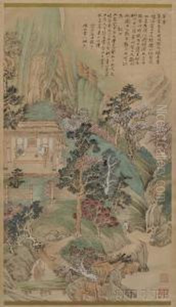 Depictionof A Gathering Of Scholars In A Verdant Landscape Oil Painting by Chen Shuren