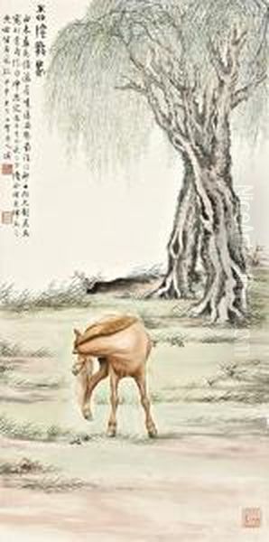 Horse Under The Willow Oil Painting by Zhao Shuru