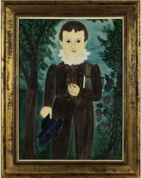 Portrait Of A Young Boy With Dark Hair Holding A Blue Cap And Standing In A Grape Arbor: Henry O. Winch Oil Painting by Ruth Whittier Shute