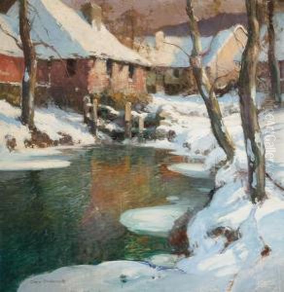 Houses Along A Winter Brook Oil Painting by Claire Shuttleworth