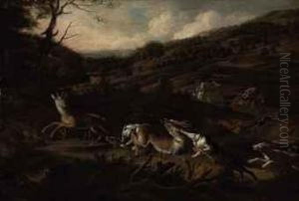 A Stag Hunt With Hounds Bringing Down A Stag In The Foreground,huntsmen Beyond Oil Painting by Jan Siberechts