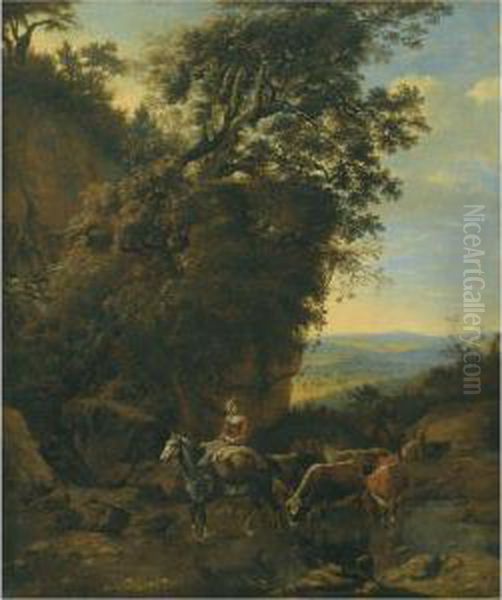 A Rocky Outcrop With Riders And Cattle Crossing A Stream Oil Painting by Jan Siberechts