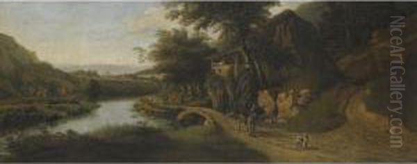 A Bosky River Landscape With A Drover On A Donkey Along A Path,cattle Watering To The Left Oil Painting by Jan Siberechts