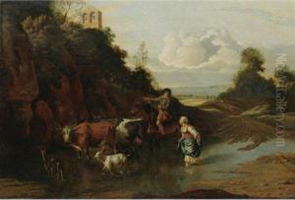 Landscape With A Peasant Girl And Man On Horseback Fording Astream With Cattle And Goats Oil Painting by Jan Siberechts