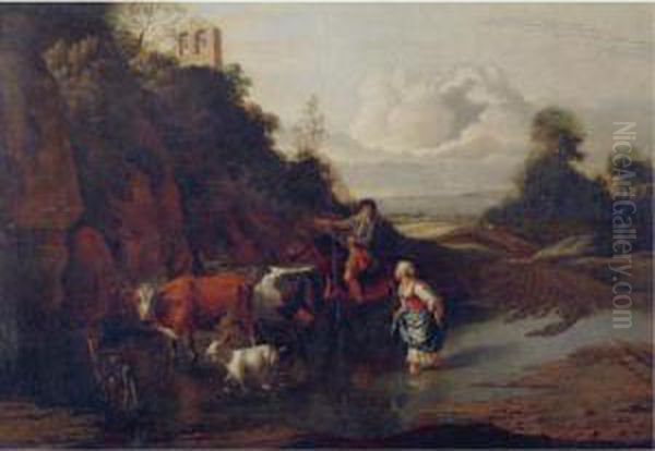 Landscape With A Peasant Girl And Man On Horseback Fording A Stream With Cattle And Goats Oil Painting by Jan Siberechts