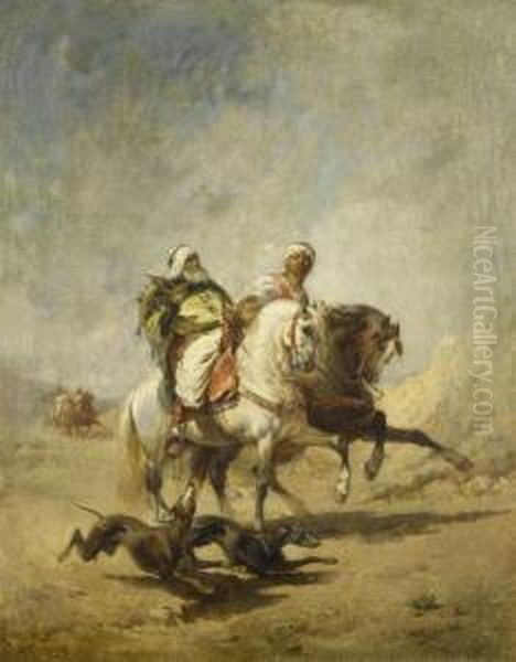 Two Bedouins On Horseback Out Hunting Oil Painting by Nicolas Sicard