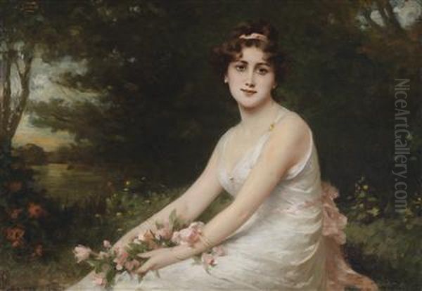 Young Lady With Roses By The Bank Of A Lake Oil Painting by Nathaniel Sichel