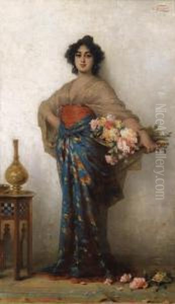 Orientalbeauty With A Basket Of Roses Oil Painting by Nathaniel Sichel