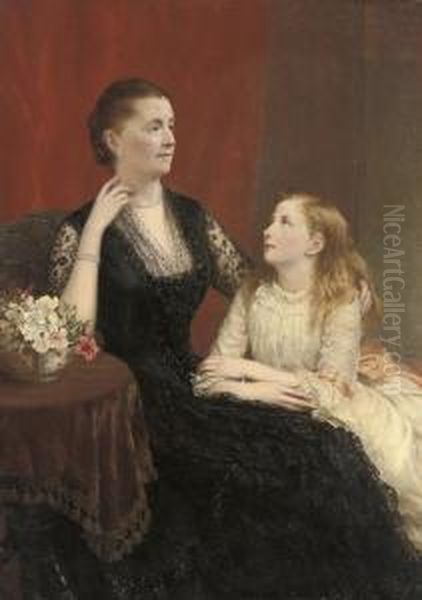 Portrait Of A Lady In A Black Dress, Seated Three-quarter-length,with Her Daughter To Her Side, In An Interior Oil Painting by Samuel Sidley