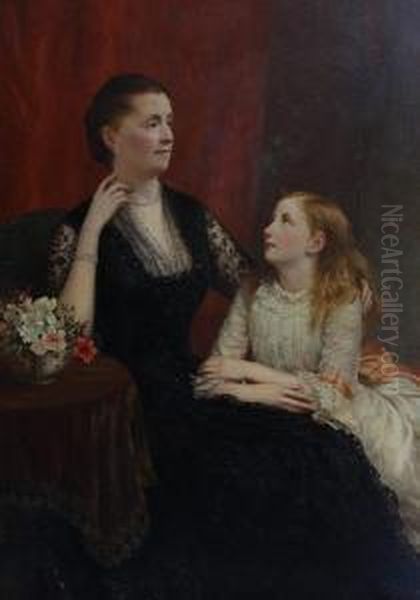 Mother And Daughter In A Drawing Room, Themother Seated, Three-quarter Length, Wearing A Black Silk Dress,the Daughter At Her Knee Wearing A White Silk Dress Oil Painting by Samuel Sidley