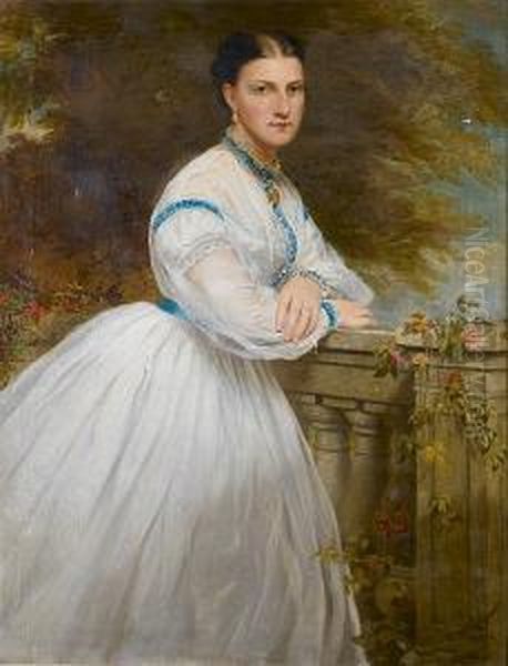 Portrait Of A Lady, Three-quarter Length, Wearing A White Dress, Leaning Against A Garden Wall Oil Painting by Samuel Sidley