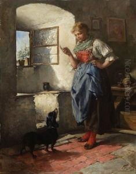 Dirndl Mit Dackel In Der
 Stube. Oil Painting by Viktor Sieger