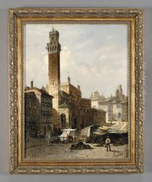 Veduta Di Piazza Del Campo A Siena Con Il Mercato Oil Painting by August Siegert