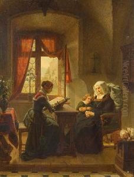 Interior Scene With Figures Reading From Abook Oil Painting by August Siegert