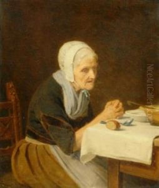 Teatime. Elderly Lady At The Table, Her Hands Folded To Prayer. Oil Painting by August Siegert