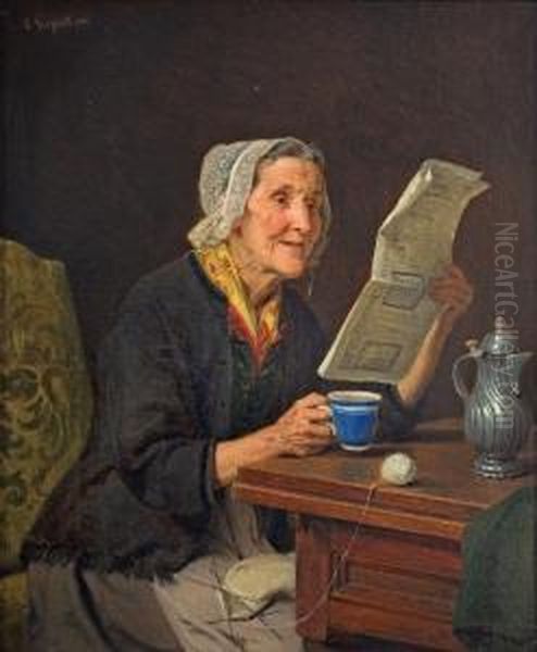 Alte Frau Mit Zeitung Und Kaffeetasse Oil Painting by August Friedrich Siegert