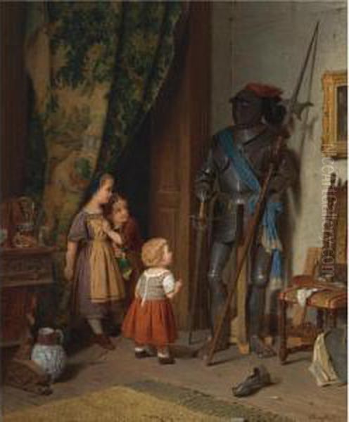 Children In The Painter's Studio Oil Painting by August Friedrich Siegert