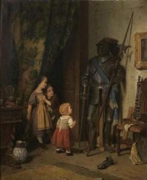 Jeunes Enfants Dans Une Galerie Oil Painting by August Friedrich Siegert