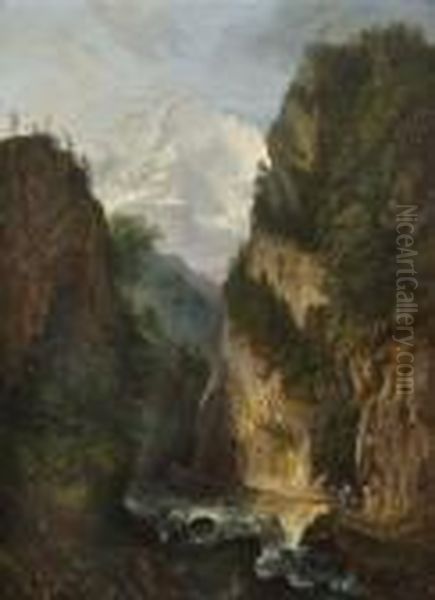 Gebirgsschlucht Im Berner
 Oberland. Oil Painting by Johann Jakob Siegmund