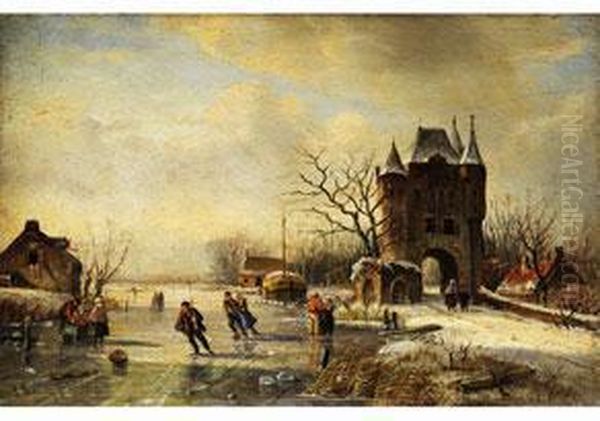 Eisvergnugen In Polderlandschaft Oil Painting by Louis Sierich