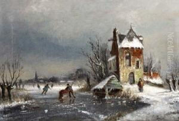 Winterslandschap Met Schaatsers Bij Een Toren Oil Painting by Louis Sierich