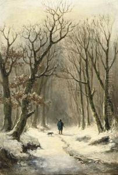 A Hunter And His Dog On A Snow-covered Path Oil Painting by Louis Sierich