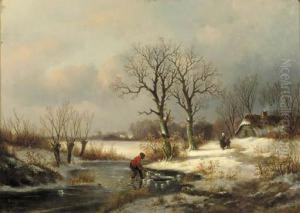 A Winter Landscape With A Figure Near A Hole In Ice Oil Painting by Louis Sierich