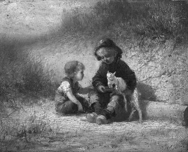 Children Feeding A Goat Oil Painting by Ferdinand Carl Sierig