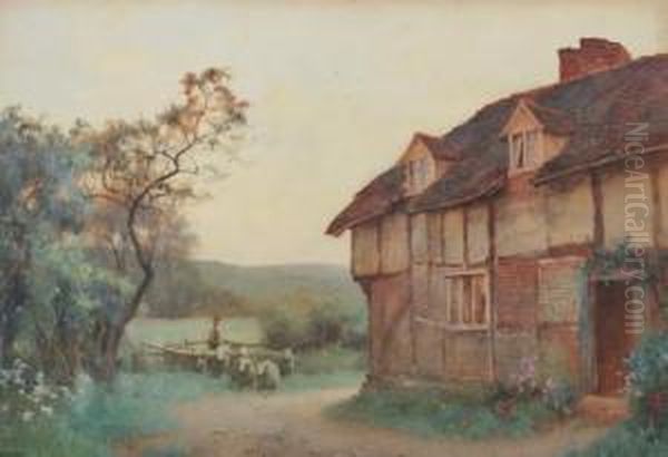 Country Homestead With Sheepfold Oil Painting by Benjamin D. Sigmund