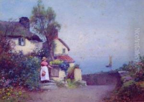 Lady By A Cottage Gate Oil Painting by Benjamin D. Sigmund