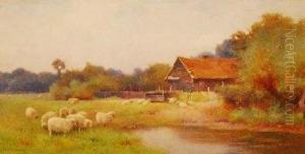 Sheep Grazing Near A Pool Oil Painting by Benjamin D. Sigmund