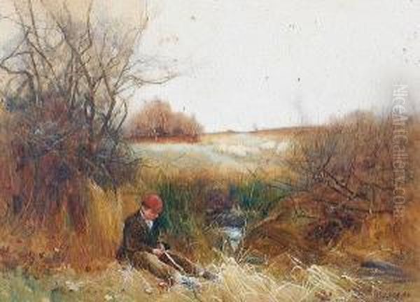 A Boy Cutting Reeds By A Stream Oil Painting by Benjamin D. Sigmund