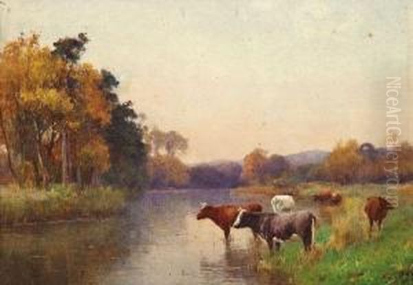 Cattle By A Riverbank Oil Painting by Benjamin D. Sigmund