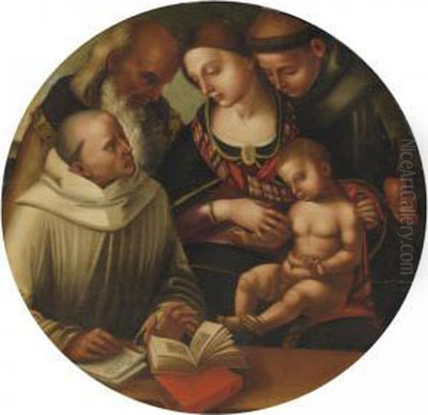 The Madonna And Child With Saints Bernard(?), Anthony Of Padua And John The Evangelist(?) Oil Painting by Luca Signorelli