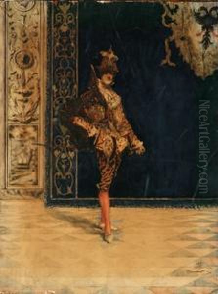 Figura In Costume Settecentesco E Stemma Araldico Sullo Sfondo Oil Painting by Giovanni Signorini