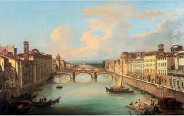 The Arno From The Ponte Vecchio, Florence Oil Painting by Giovanni Signorini