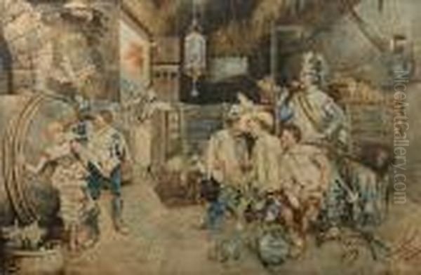 Cavaliers Carousing In A Barn Oil Painting by Guiseppe Signorini