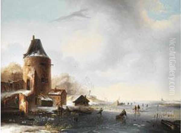 Vereiste Polderlandschaft Mit Rundturm Oil Painting by Ferdinand Hendrik Sijpkens