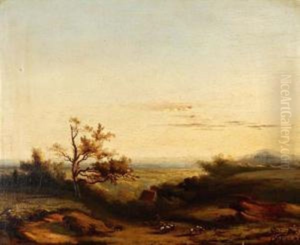 Weids Heuvellandschap Met Schaapsherder En Kudde Op De Voorgrond Oil Painting by Ferdinand Hendrik Sijpkens