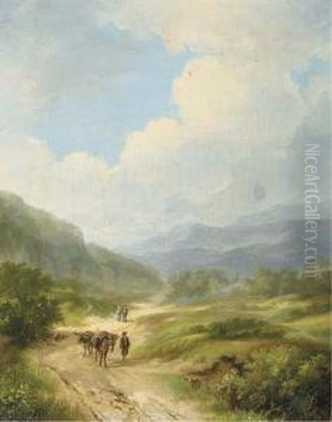 Travellers In A Hilly Landscape Oil Painting by Ferdinand Hendrik Sijpkens