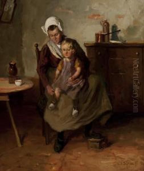 Mother With Child In An Interior Oil Painting by Gijsbertus Jan Sijthoff