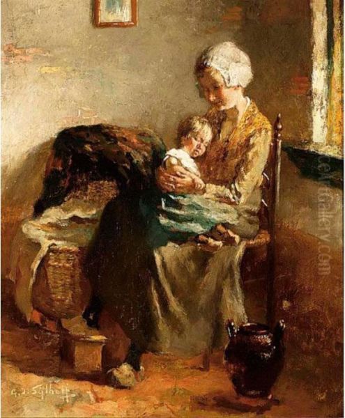 Cottage Interior With Mother And Child Oil Painting by Gijsbertus Jan Sijthoff