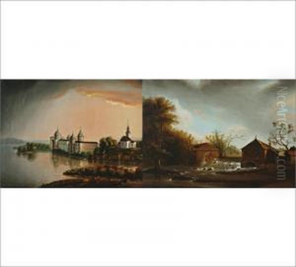 A Pair Of Paintings Depicting Views Of The Gripsholm Castle And A Mill Oil Painting by Ida Silfverberg